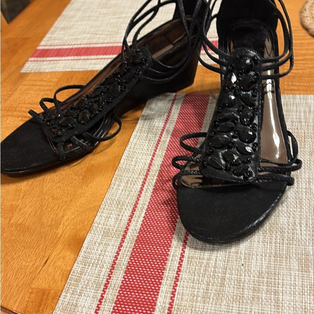 Covington Black Strappy Beaded Wedge Sandals